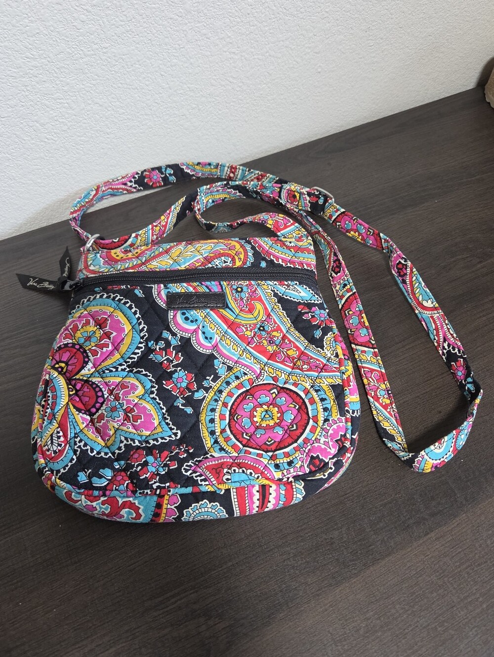 Vera Bradley Black Paisley Quilted Crossbody with Pink & Turquoise Accents